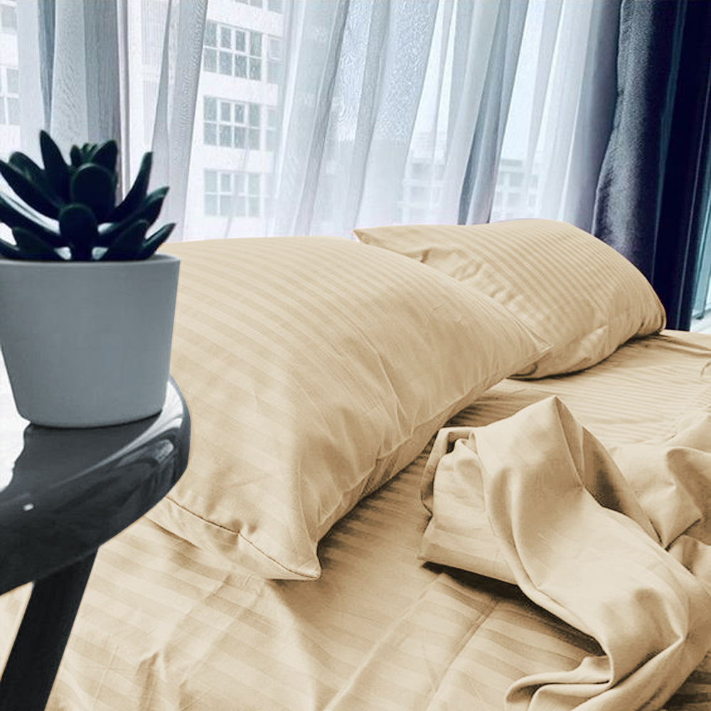 Beige Stripe Sateen Flat Sheet Set