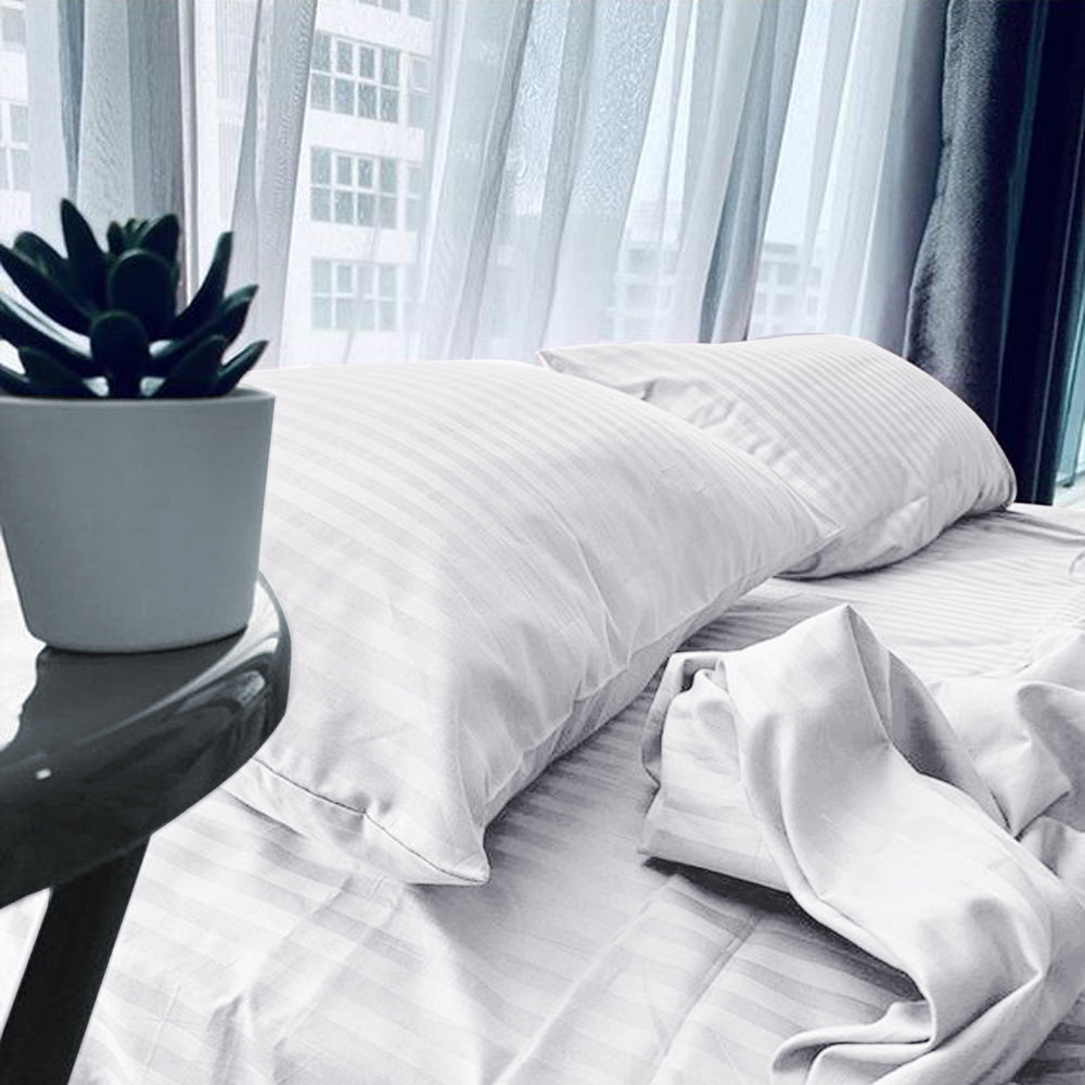 Bright White Stripe Sateen Flat Sheet Set
