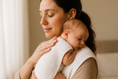 muslin burp cloth on a mother shoulder with baby